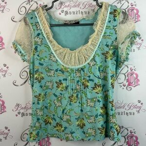 INC International Concepts tshirt tee Floral Lace Trim Blouse Blue and Cream